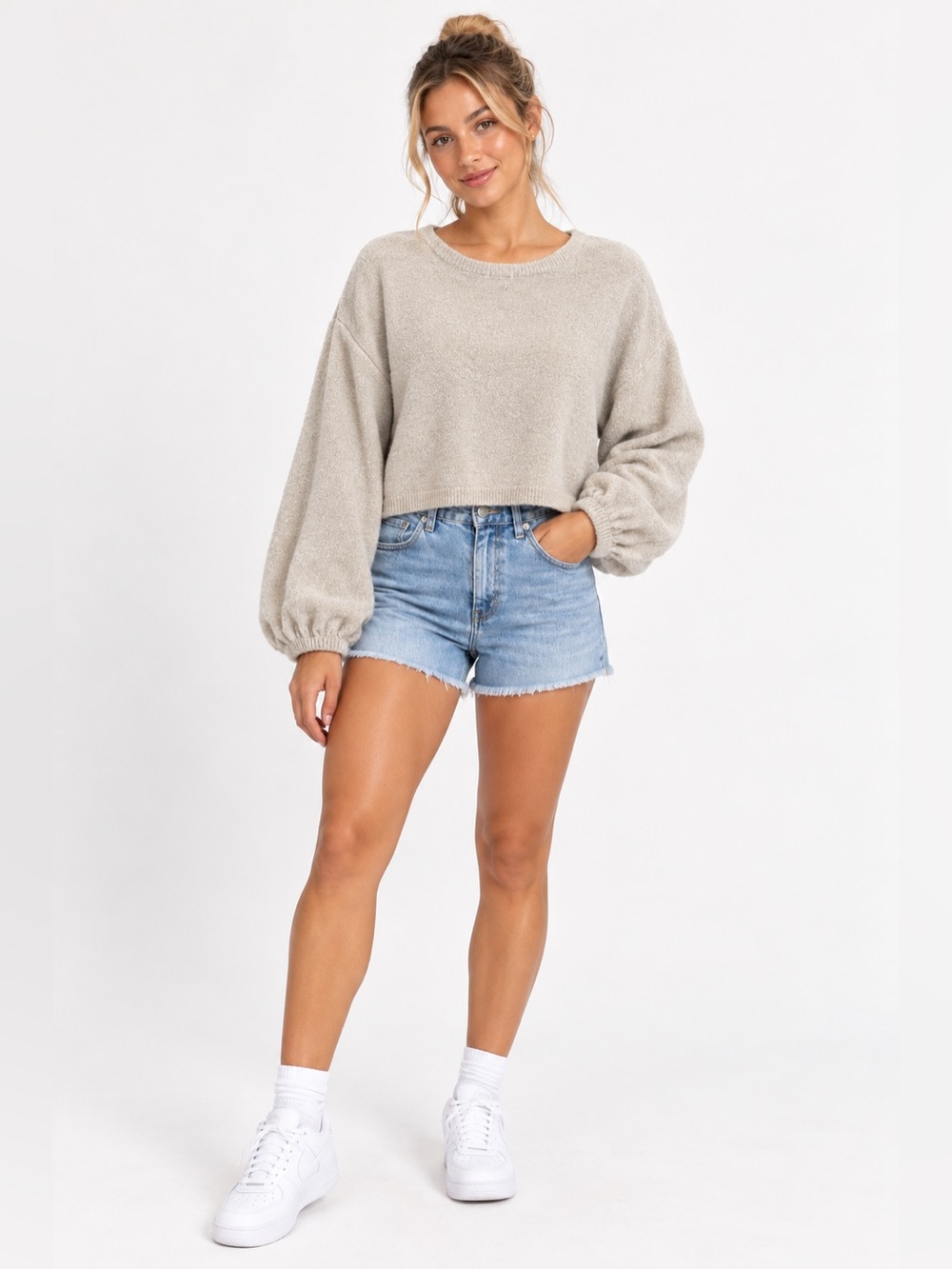 Dress Forum Cream Cropped Knit Sweater Balloon Sleeve | Size M
